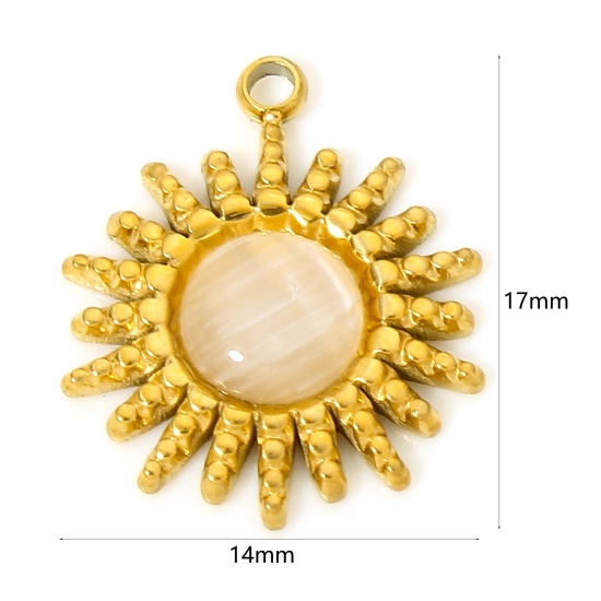 Immagine di 1 Pz Placcatura Sottovuoto Acciaio Inossidabile 304 & Opale Occhi di Gatto Stile del Carattere della Corte Reale Ciondoli Tondo Oro Placcato Champagne Girasole 17mm x 14mm