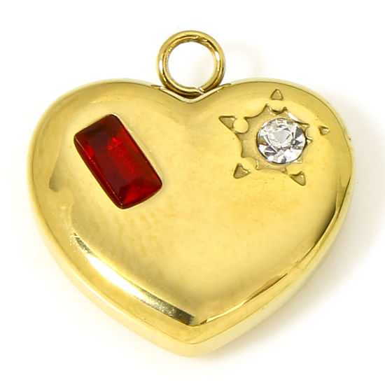 Immagine di 1 Pz Placcatura Sottovuoto 304 Acciaio Inossidabile San Valentino Ciondoli Cuore Oro Placcato Rettangolo Rosso Strass Trasparente Cubic Zirconiae 14.5mm x 14mm