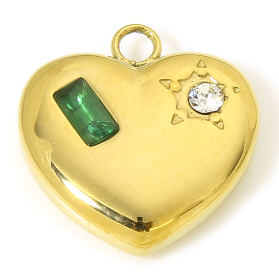 Immagine di 1 Pz Placcatura Sottovuoto 304 Acciaio Inossidabile San Valentino Ciondoli Cuore Oro Placcato Rettangolo Verde Strass Trasparente Cubic Zirconiae 14.5mm x 14mm