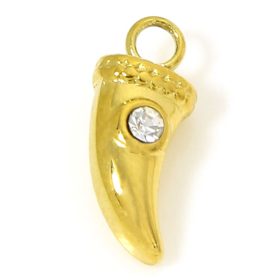 Immagine di 1 Pz Placcatura Sottovuoto 304 Acciaio Inossidabile Retrò Ciondoli Dente Di Lupo Oro Placcato Trasparente Strass 12.5mm x 5.5mm