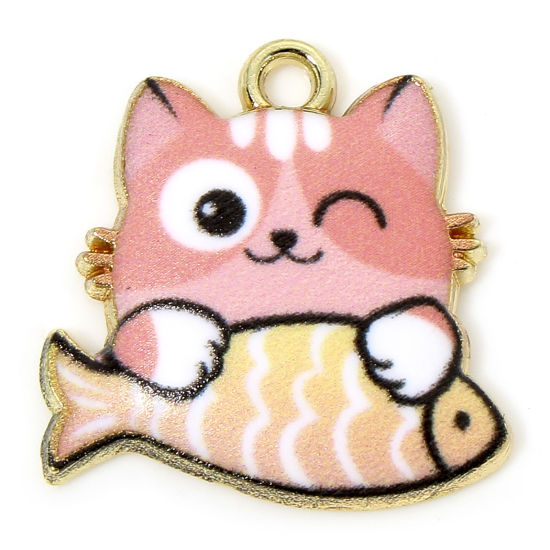 Picture of 10 PCs Zinc Based Alloy Charms Gold Plated Pink Cat Animal Fish Animal Enamel 18mm x 18mm