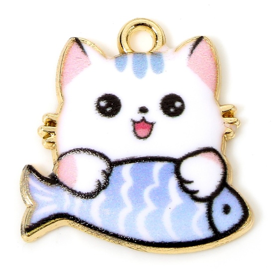 Picture of 10 PCs Zinc Based Alloy Charms Gold Plated White Cat Animal Fish Animal Enamel 18mm x 18mm