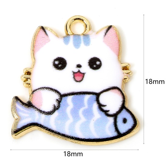 Picture of 10 PCs Zinc Based Alloy Charms Gold Plated White Cat Animal Fish Animal Enamel 18mm x 18mm