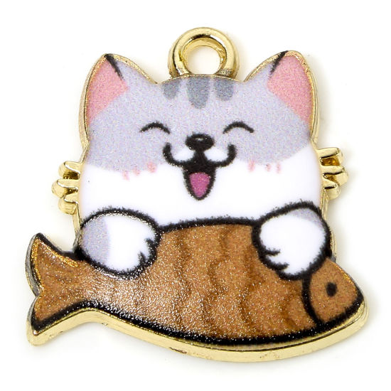 Picture of 10 PCs Zinc Based Alloy Charms Gold Plated Gray Cat Animal Fish Animal Enamel 18mm x 18mm