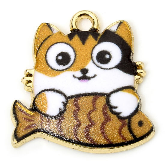 Picture of 10 PCs Zinc Based Alloy Charms Gold Plated Multicolor Cat Animal Fish Animal Enamel 18mm x 18mm