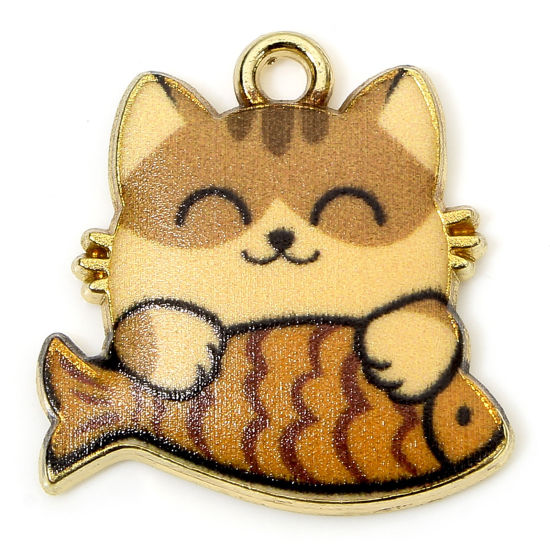 Picture of 10 PCs Zinc Based Alloy Charms Gold Plated Brown Cat Animal Fish Animal Enamel 18mm x 18mm