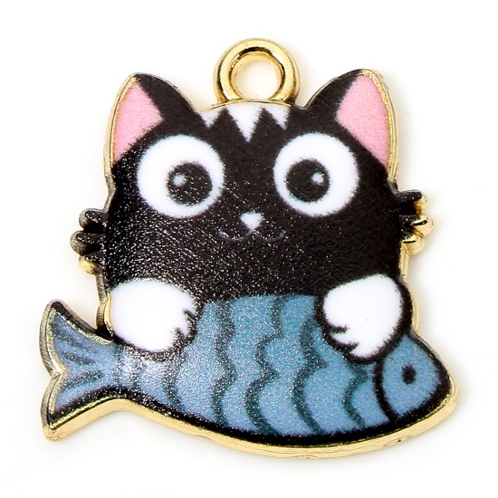 Picture of 10 PCs Zinc Based Alloy Charms Gold Plated Black Cat Animal Fish Animal Enamel 18mm x 18mm