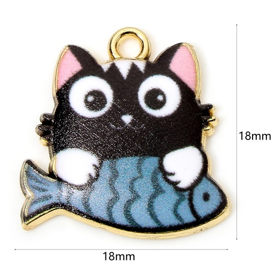 Picture of 10 PCs Zinc Based Alloy Charms Gold Plated Black Cat Animal Fish Animal Enamel 18mm x 18mm