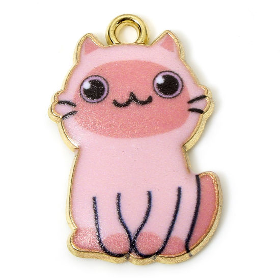 Picture of 10 PCs Zinc Based Alloy Charms Gold Plated Pink Cat Animal Animal Enamel 25mm x 17mm