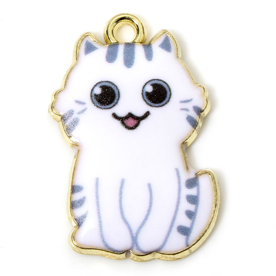 Picture of 10 PCs Zinc Based Alloy Charms Gold Plated White Cat Animal Animal Enamel 25mm x 17mm