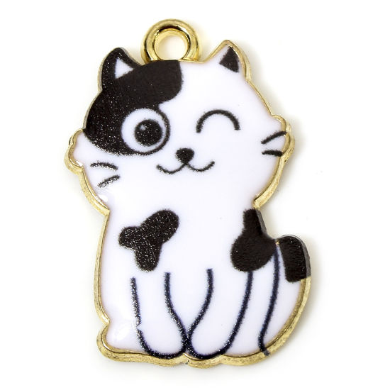 Picture of 10 PCs Zinc Based Alloy Charms Gold Plated Black & White Cat Animal Animal Enamel 25mm x 17mm