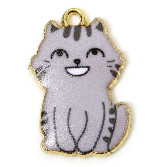 Picture of 10 PCs Zinc Based Alloy Charms Gold Plated Gray Cat Animal Animal Enamel 25mm x 17mm