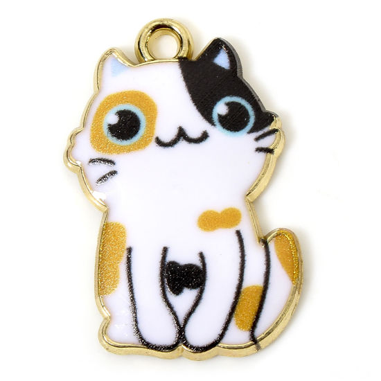 Picture of 10 PCs Zinc Based Alloy Charms Gold Plated Multicolor Cat Animal Animal Enamel 25mm x 17mm