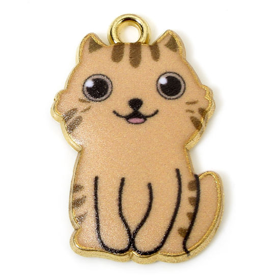 Picture of 10 PCs Zinc Based Alloy Charms Gold Plated Brown Cat Animal Animal Enamel 25mm x 17mm