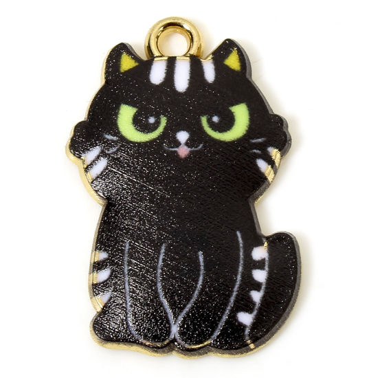 Picture of 10 PCs Zinc Based Alloy Charms Gold Plated Black Cat Animal Animal Enamel 25mm x 17mm