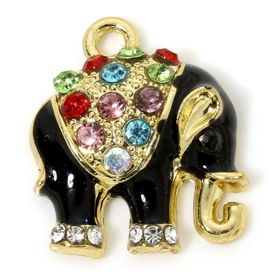 Picture of 5 PCs Zinc Based Alloy Charms Gold Plated Black Elephant Animal Animal Enamel Multicolor Rhinestone 18mm x 16mm