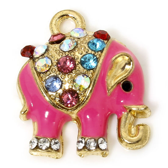 Image de 5 PCs Zinc Based Alloy Charms Gold Plated Fuchsia Elephant Animal Animal Enamel Multicolor Rhinestone 18mm x 16mm