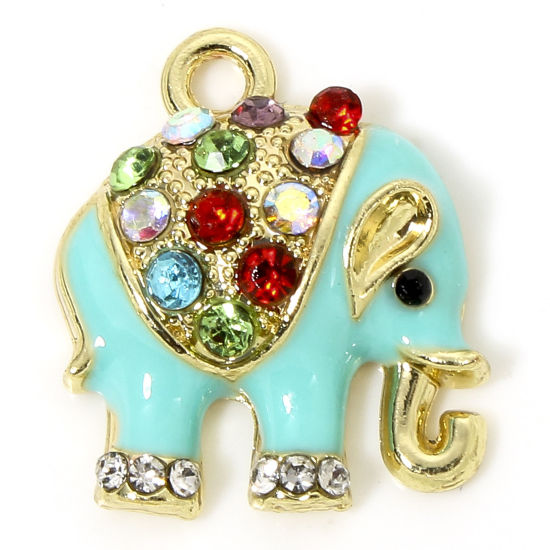 Image de 5 PCs Zinc Based Alloy Charms Gold Plated Green Blue Elephant Animal Animal Enamel Multicolor Rhinestone 18mm x 16mm