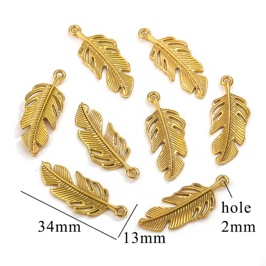 Picture of 1 Piece Vacuum Plating 304 Stainless Steel Charms Gold Plated Feather 34mm x 13mm