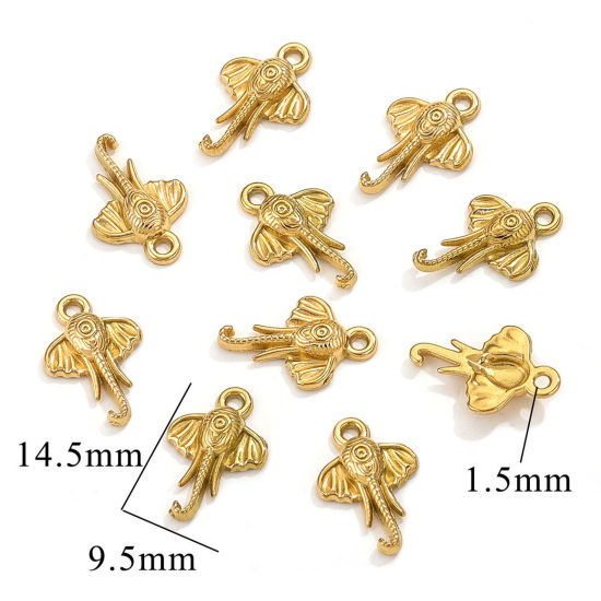 Picture of 1 Piece Vacuum Plating 304 Stainless Steel Charms Gold Plated Elephant Head 14.5mm x 9.5mm