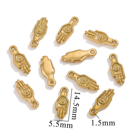 Picture of 1 Piece Vacuum Plating 304 Stainless Steel Charms Gold Plated Hamsa Symbol Hand 5.5mm x 14.5mm