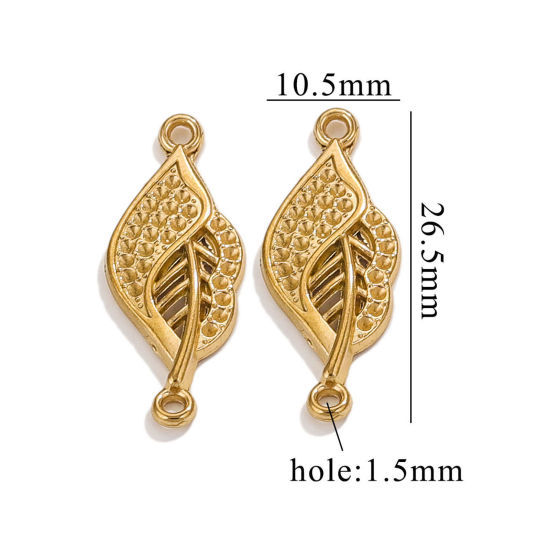 Picture of 1 Piece Vacuum Plating 304 Stainless Steel Connectors Charms Pendants Gold Plated Leaf 10.5mm x 26.5mm