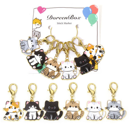 Picture of 1 Set ( 6 PCs/Set) Zinc Based Alloy Clip On Charms For Vintage Charm Bracelets Knitting Stitch Markers Cat Animal KC Gold Plated Multicolor Enamel 4.4cm x 2.3cm