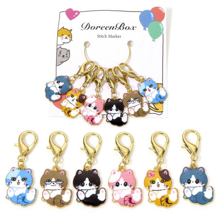 Picture of 1 Set ( 6 PCs/Set) Zinc Based Alloy Clip On Charms For Vintage Charm Bracelets Knitting Stitch Markers Cat Animal KC Gold Plated Multicolor Enamel 4.2cm x 1.7cm