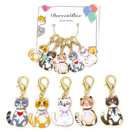 Picture of 1 Set ( 5 PCs/Set) Zinc Based Alloy Clip On Charms For Vintage Charm Bracelets Knitting Stitch Markers Cat Animal KC Gold Plated Multicolor Enamel 4.7cm x 1.8cm