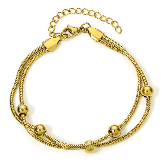 Imagen de 1 Unidad Enchapado al Vacío 304 Acero Inoxidable Doble Capa Cadena Serpiente Pulseras Chapado en Oro de 18K 17.5cm longitud
