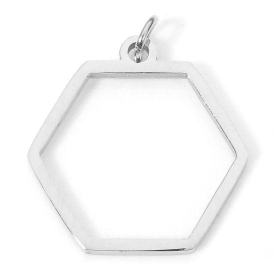 Imagen de 5 Unidades Enchapado al Vacío 304 Acero Inoxidable Colgantes Hexágono Tono de Plata con círculos 20mm x 17mm