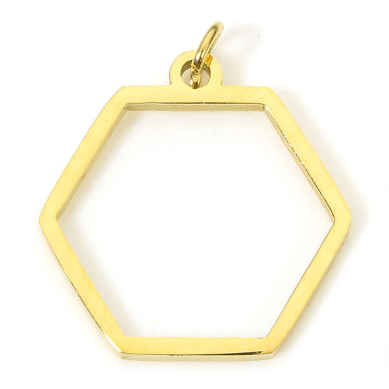 5 PCs Vacuum Plating 304 Stainless Steel Charms 18K Gold Plated Hexagon With Jump Ring 20mm x 17mm の画像