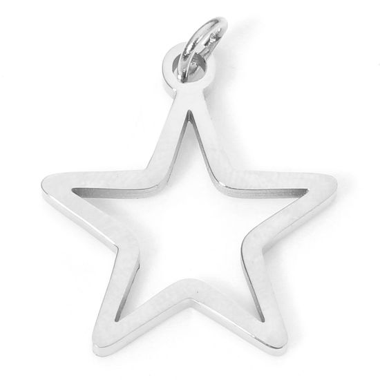 Imagen de 5 Unidades Enchapado al Vacío 304 Acero Inoxidable Colgantes Estrellas de cinco puntos Tono de Plata con círculos 19mm x 15mm