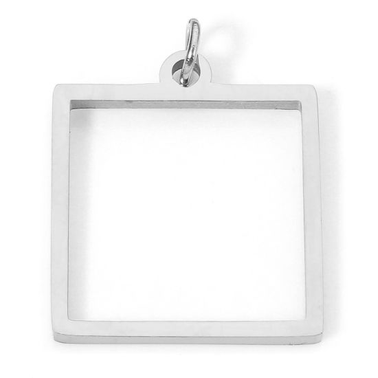 Imagen de 5 Unidades Enchapado al Vacío 304 Acero Inoxidable Colgantes Cuadrado Tono de Plata con círculos 20mm x 15mm