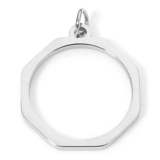 Imagen de 5 Unidades Enchapado al Vacío 304 Acero Inoxidable Colgantes Octágono Tono de Plata con círculos 20mm x 15mm