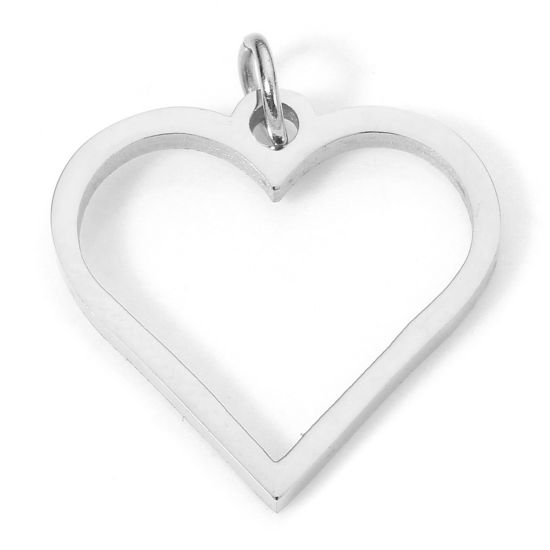 Imagen de 5 Unidades Enchapado al Vacío 304 Acero Inoxidable Colgantes Corazón Tono de Plata con círculos 17mm x 15mm
