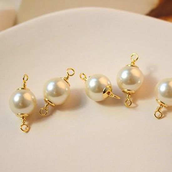 Picture of 2 PCs Brass Connectors Charms Pendants 18K Real Gold Plated Round Imitation Pearl 20mm x 10mm