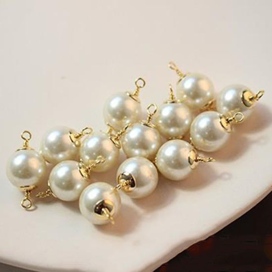 Picture of 2 PCs Brass Connectors Charms Pendants 18K Real Gold Plated Round Imitation Pearl 23mm x 12mm