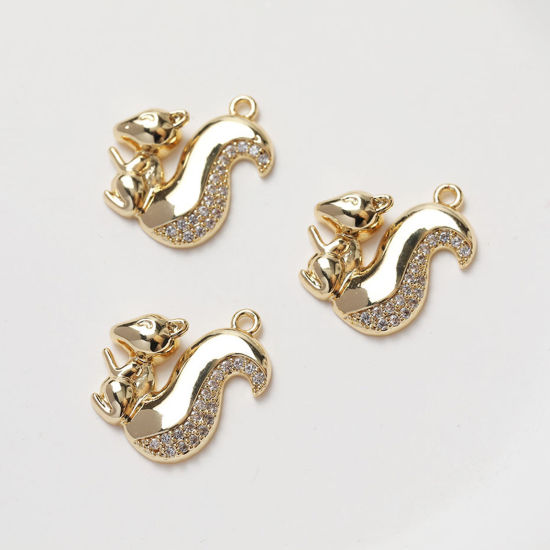 Immagine di 1 Pz Ottone Ciondoli Scoiattolo Placcato Oro 14K Animale Micro Spianare Trasparente Cubic Zirconiae 19mm x 17mm