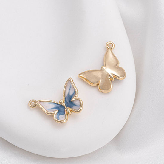 Picture of 1 Piece Brass Insect Charms 14K Real Gold Plated White & Blue Butterfly Animal Enamel 17mm x 14mm