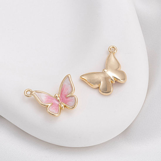 Picture of 1 Piece Brass Insect Charms 14K Real Gold Plated White & Pink Butterfly Animal Enamel 17mm x 14mm