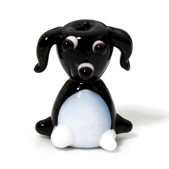 Picture of 2 PCs Lampwork Glass Beads For DIY Jewelry Making Dog Animal Black 3D About 21mm x 17mm, Hole: Approx 1.6mm