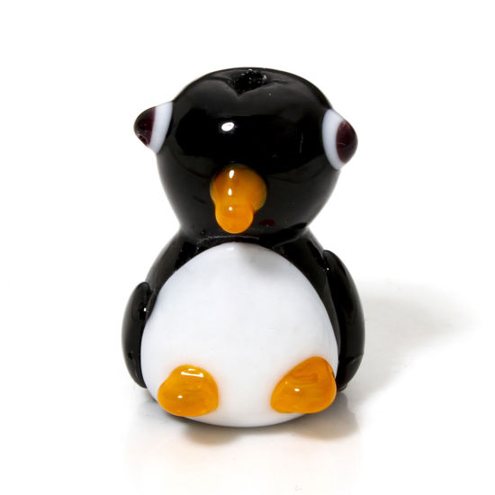 Picture of 2 PCs Lampwork Glass Beads For DIY Jewelry Making Penguin Animal Black 3D About 21mm x 15mm, Hole: Approx 2mm