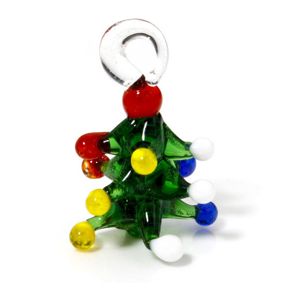 Image de 1 Pièce Pendentifs en Verre au Chalumeau Pin de Noël Vert 3D 3cm x 2cm