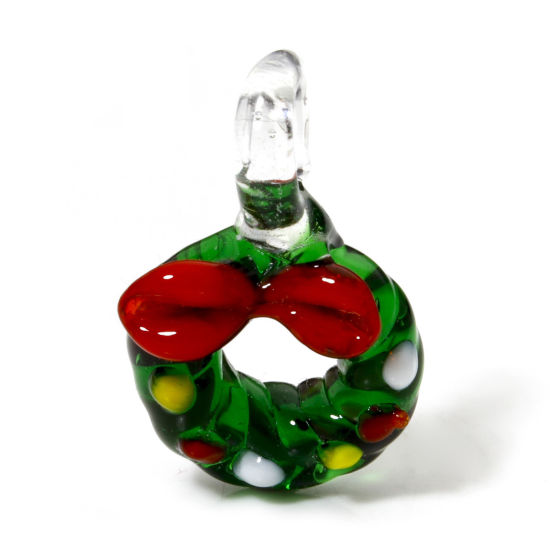 Image de 1 Pièce Pendentifs en Verre au Chalumeau Couronne de Noël Vert 3D 29mm x 18mm