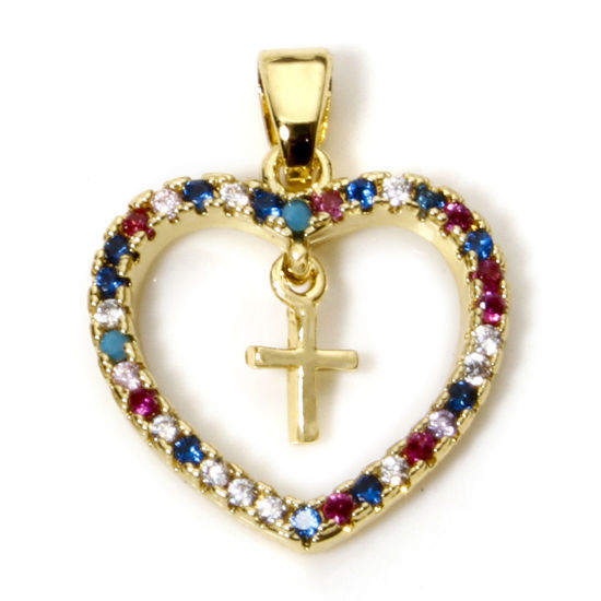 Изображение 1 ШТ Латунь религия Подвески Сердце 18K настоящее золото с покрытием Крест Бижутерия усыпанная мелким фианит Разноцветный Страз 22мм x 17мм