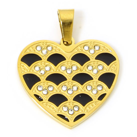 Bild von 1 Piece Vacuum Plating 304 Stainless Steel Valentine's Day Charm Pendant Gold Plated Black Heart Wave Enamel Clear Rhinestone 2.9cm x 2.4cm