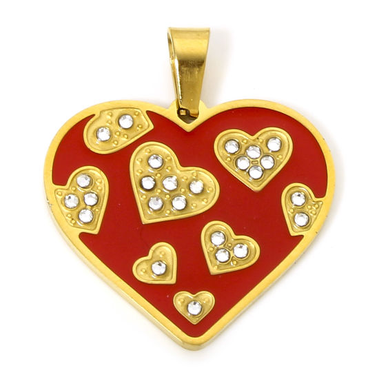 Bild von 1 Piece Vacuum Plating 304 Stainless Steel Valentine's Day Charm Pendant Gold Plated Red Heart Enamel Clear Rhinestone 3cm x 2.6cm