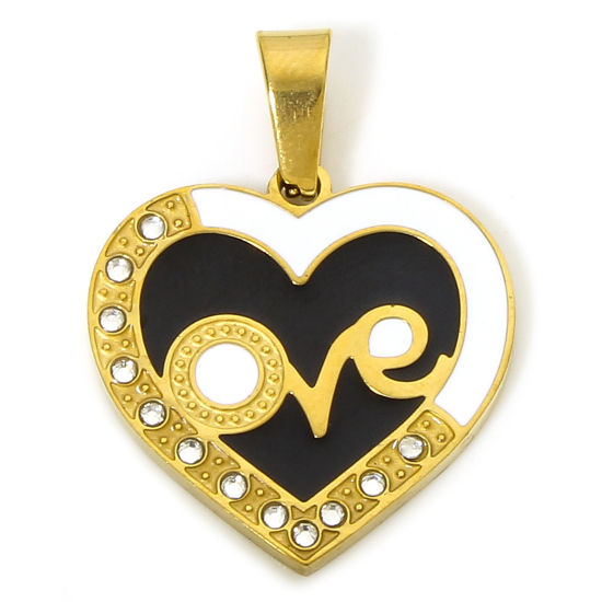 Bild von 1 Piece Vacuum Plating 304 Stainless Steel Valentine's Day Charm Pendant Gold Plated Black & White Heart Eye Enamel Clear Rhinestone 2.8cm x 2.2cm