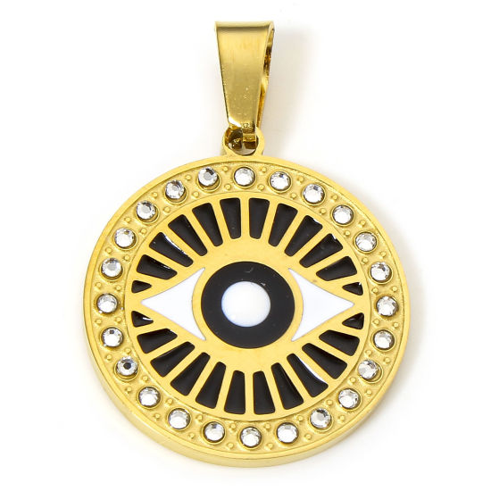 Image de 1 Pièce Pendentif Breloque en 304 Acier Inoxydable Placage sous Vide Religieux Rond Doré Noir & Blanc Yeux Émail à Strass Transparent 3cm x 2.1cm